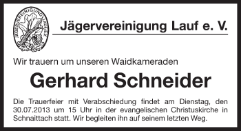 Traueranzeige von Gerhard Schneider von Pegnitz-Zeitung